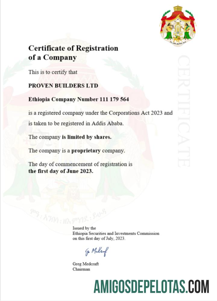 Certificado de registro da Etiópia para impressão, modelo Word e PDF